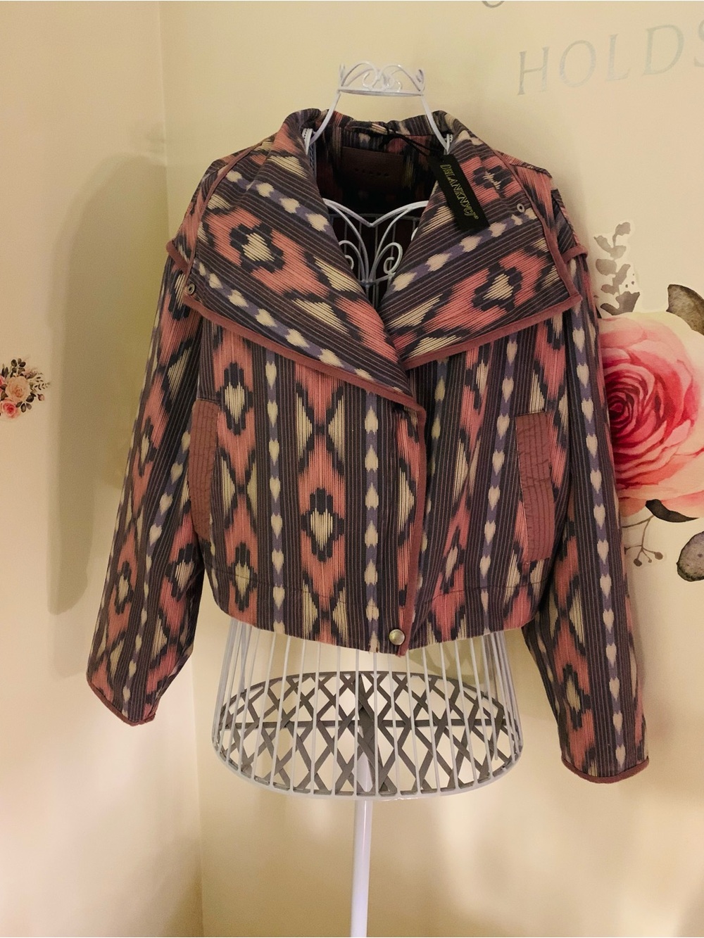 BLANKNYC Luxury Cotton Jacket Open Sky Pink Blue  Print Large L Drape Front